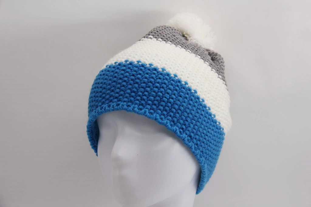 Knitted Winter Child Hat with Three Colors Yarn Top with Yarn Pompon