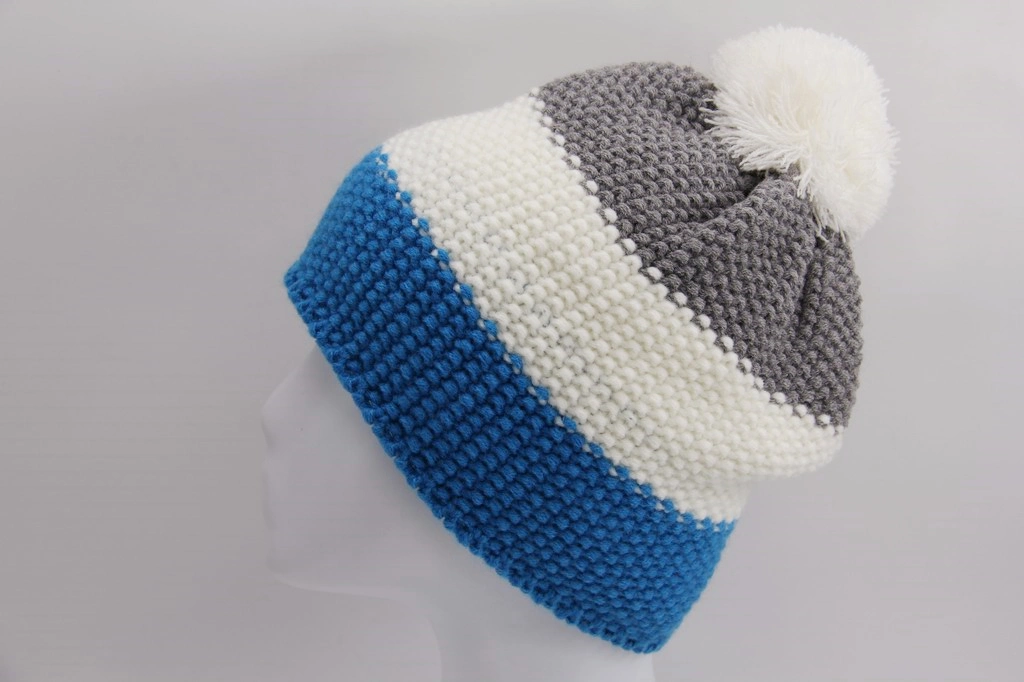 Knitted Winter Child Hat with Three Colors Yarn Top with Yarn Pompon