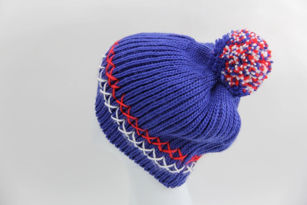 Winter Style Adult Blue Knitted Hat with Two Colors Yarn Pompon