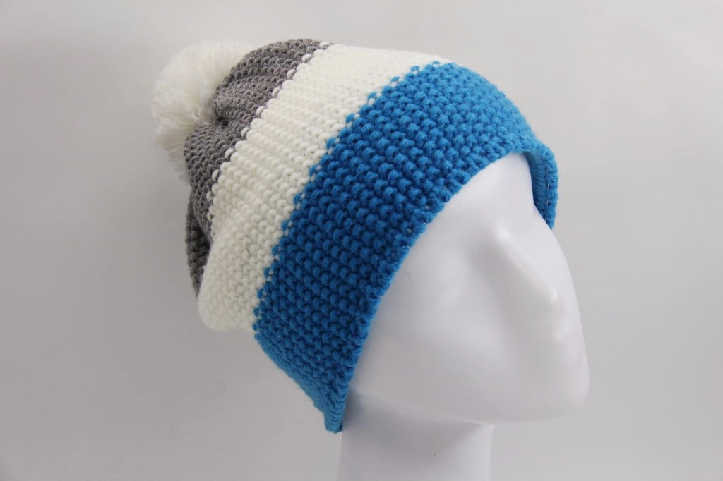 Knitted Winter Child Hat with Three Colors Yarn Top with Yarn Pompon