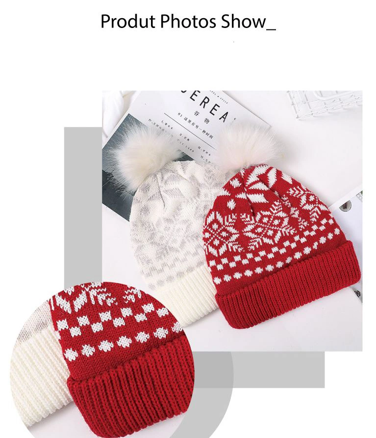 Women Winter Warm Christimas Xmas Red Unique Snowflake Knitting Beanie Deer Jacquard Hat for Girls and Boy with Fake Fur Pompom