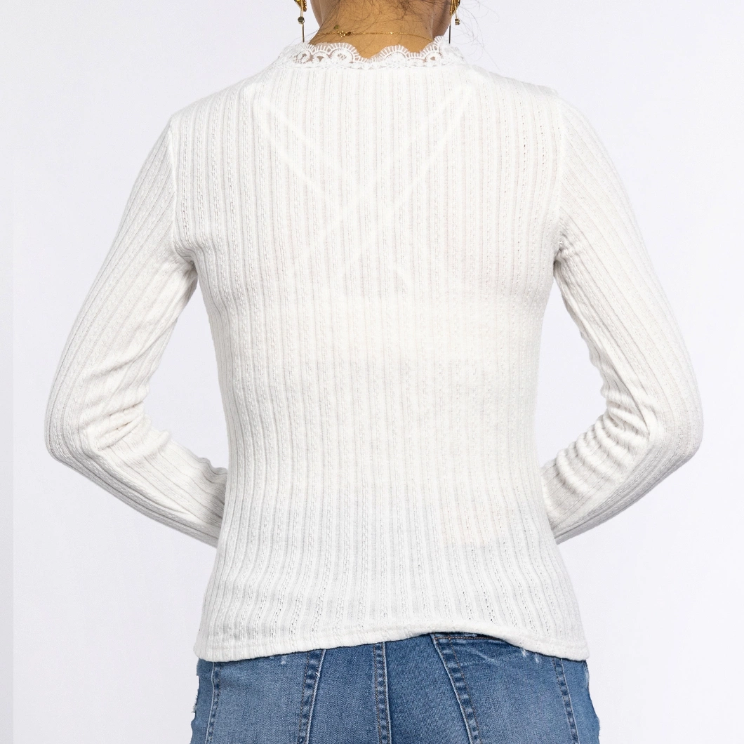 Autumn Long Sleeved Lace V-Neck Button Knitwear Ladies Knitted White Sweaters Women Tops