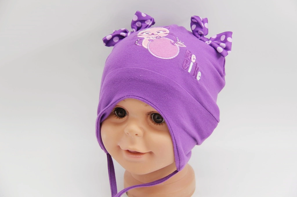 Baby Jersey Summer Hat with Cat Emrboidery and Top with Bow