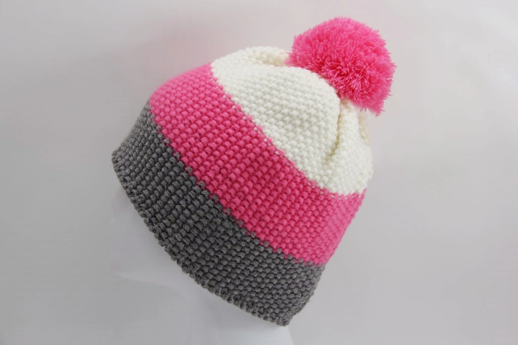 Knitted Winter Child Hat with Three Colors Yarn Top with Yarn Pompon