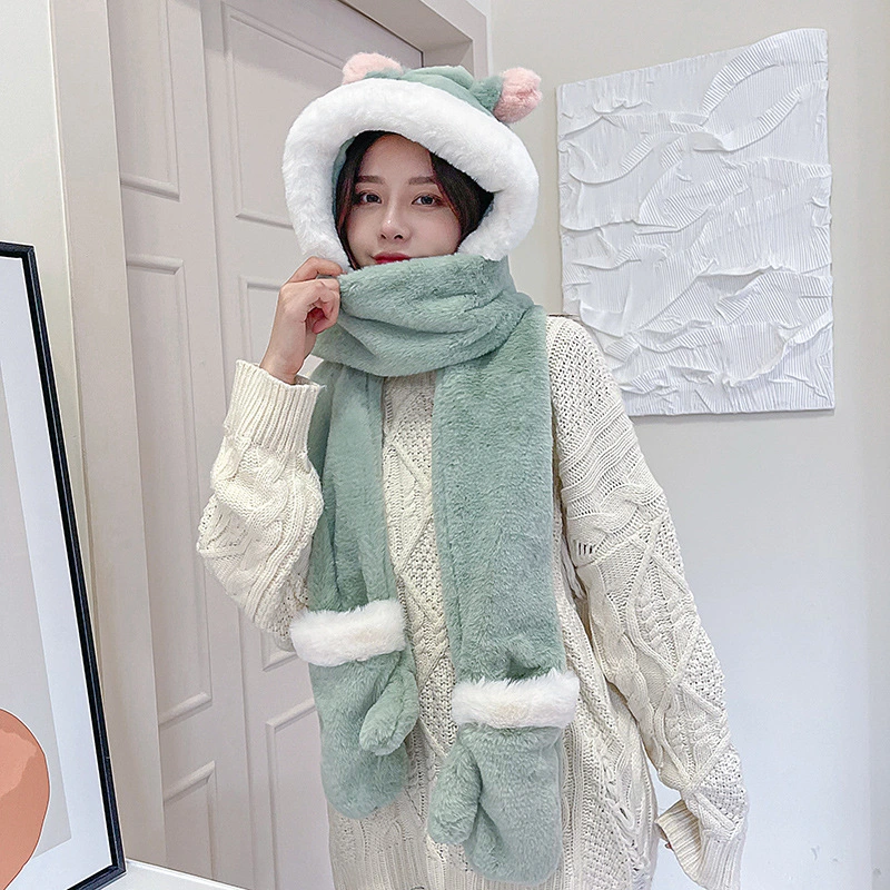 Three-in-One Winter Fleece Hat Scarf Gloves Warm One-Piece Hat