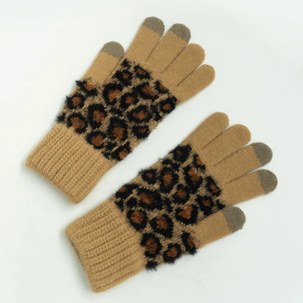 Winter Warm Gloves Women Leopard Print Knitting Touch Screen Gloves Men Gloves