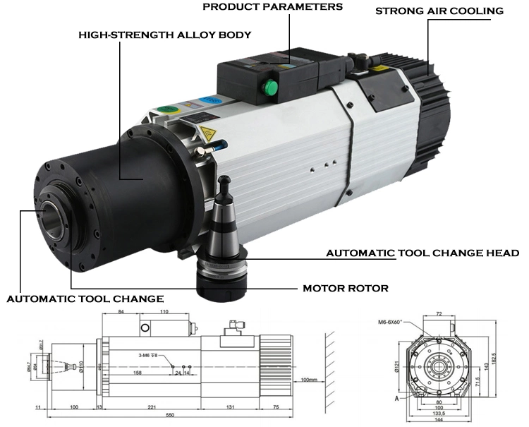 Atc 9kw High Power Stable Voltage 220V 380V ISO30 High Torque 7.16nm CNC Air Cooled Spindle Motor for Industrial Machinery