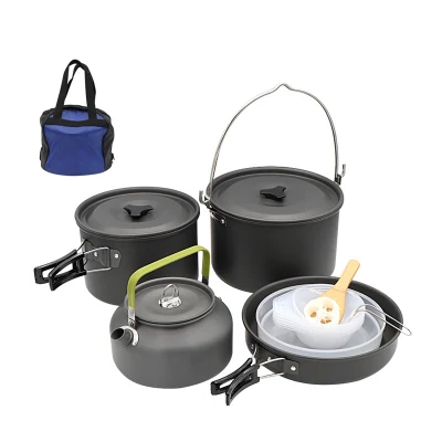  Camping Portable Set of Pots, Picnic Cookware with Teapot 6-7 People