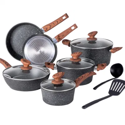 Nonstick Forged Aluminum Cooking Pots Set with Wood Handle Kitchen Utensils