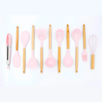  Custom Silicone Kitchenware 12 Pieces Cookware Household Kitchen Utensils Set with Wooden Handle