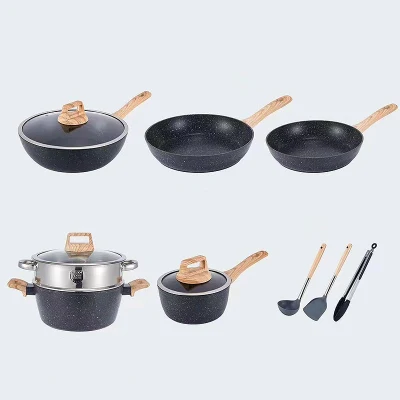 Factory Wholesale 12PCS Cooking Pot Marble White Non Stick Cooking Aluminium Cookware Set Wooden Handle