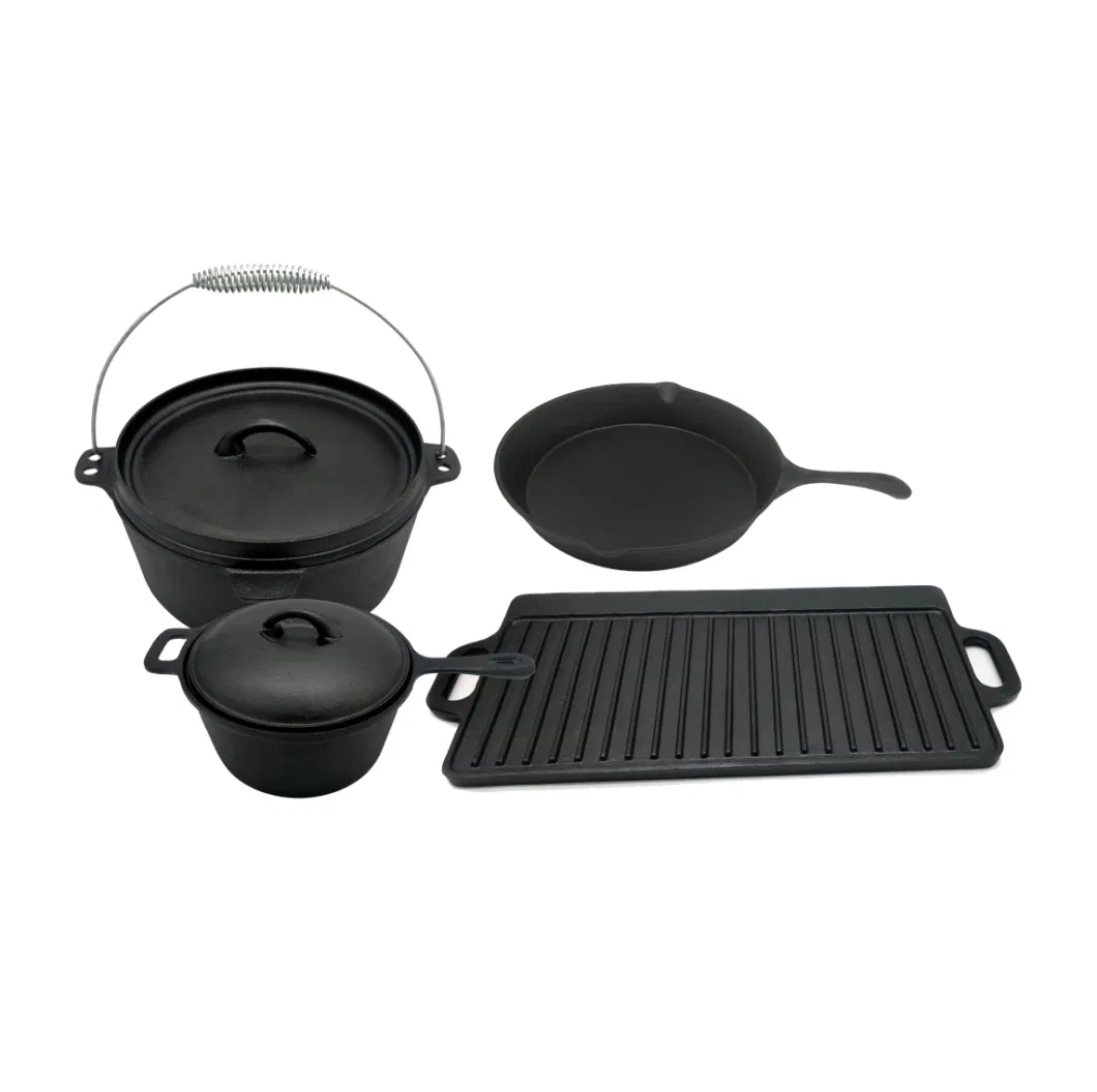 BSCI, LFGB, FDA, SGS 6 Piece Campfire Cast Iron Dutch Camp Oven Camping Set Cookware Set with Wooden Case Box