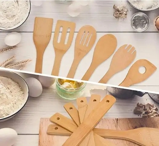 Bamboo Wooden Spoons &amp; Spatula Kitchen Cooking Tools Kitchen Cooking Utensils Set, 6 PCS Flatware Sets Natural Healthy Safe