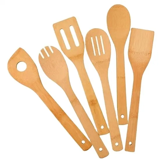 Bamboo Wooden Spoons &amp; Spatula Kitchen Cooking Tools Kitchen Cooking Utensils Set, 6 PCS Flatware Sets Natural Healthy Safe