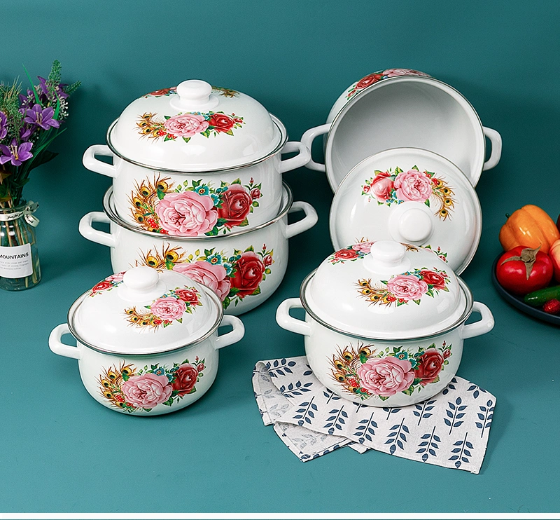 Peacock Feathers and Flowers Bloom Cast-Iron Enamel Casserole Enamel Pot Set