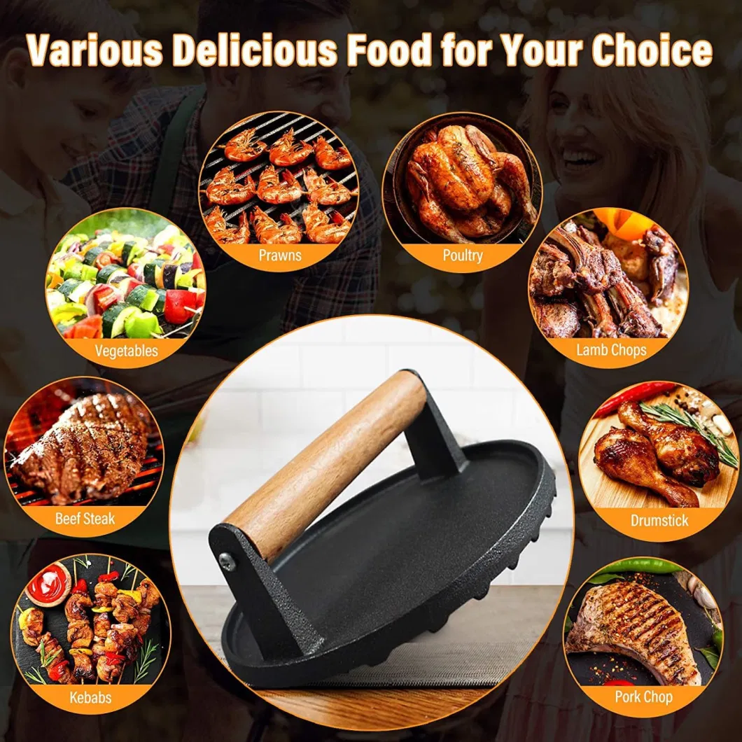 High Performance Cast Iron Steak Weight Wooden Handle Bacon Grill Hamburger Press Cooking Barbecue Tool