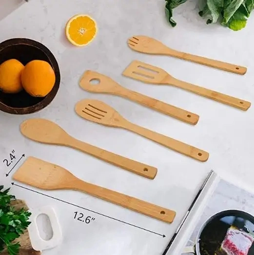 Bamboo Wooden Spoons &amp; Spatula Kitchen Cooking Tools Kitchen Cooking Utensils Set, 6 PCS Flatware Sets Natural Healthy Safe