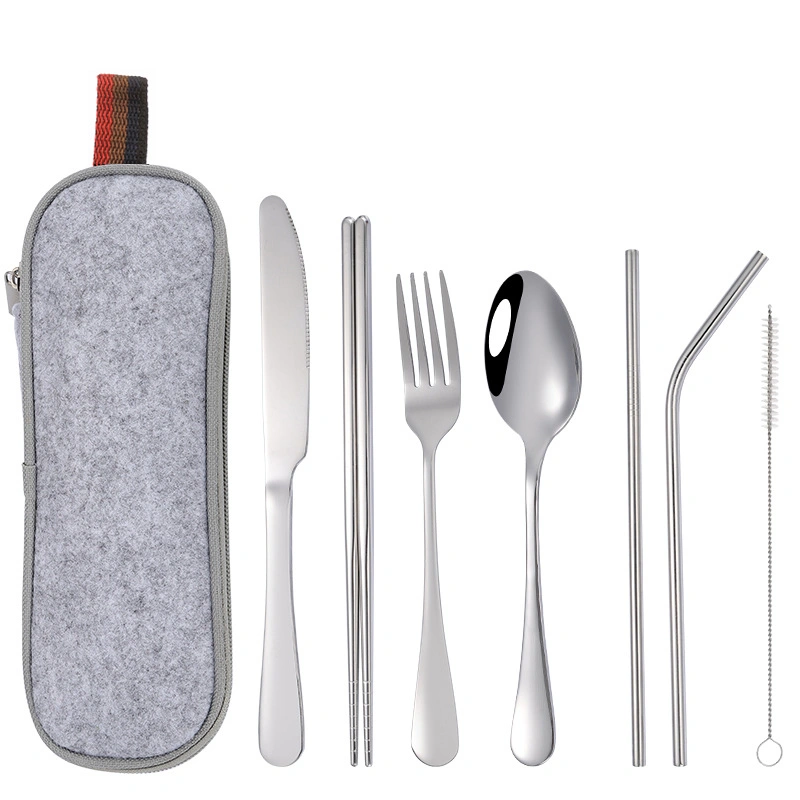 Portable Travel Utensils Stainless Steel 7 in 1 Camping Picnic Cutlery Set (Silver Set)