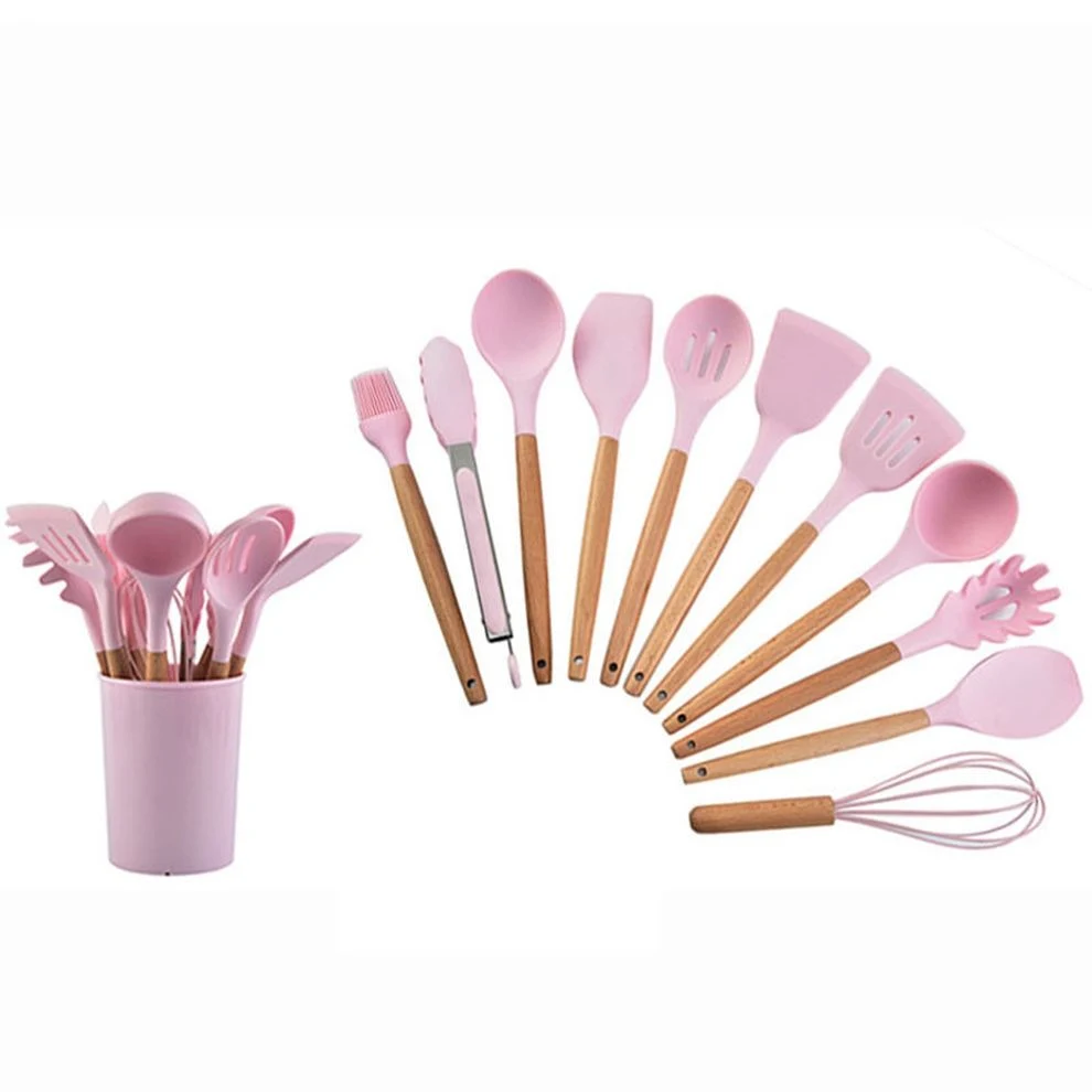 Baking Cooking Heat Resistant Wood Handle Silicone Kitchen Utensils