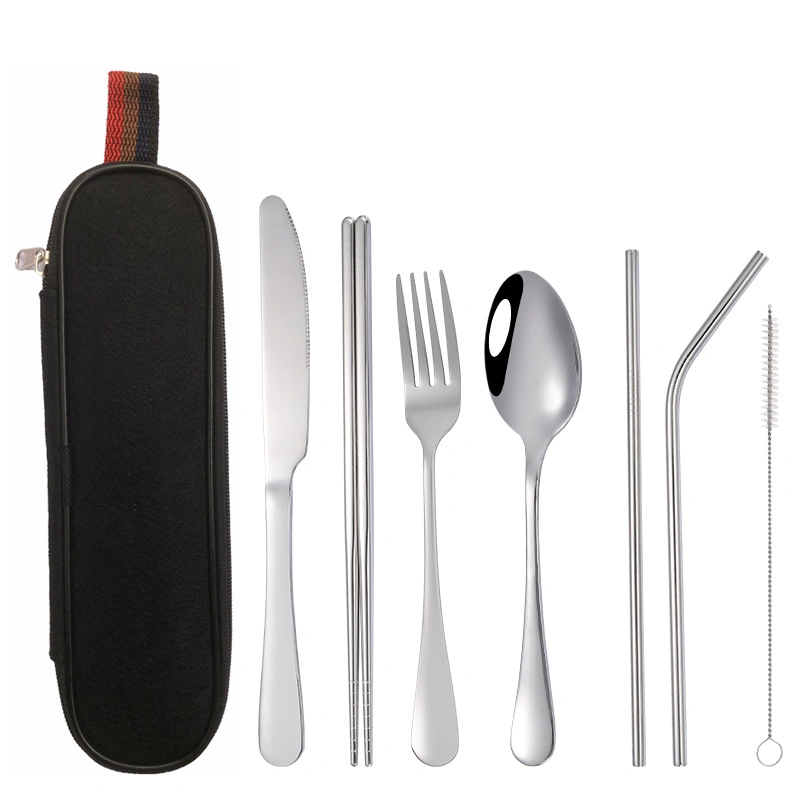 Portable Travel Utensils Stainless Steel 7 in 1 Camping Picnic Cutlery Set (Silver Set)