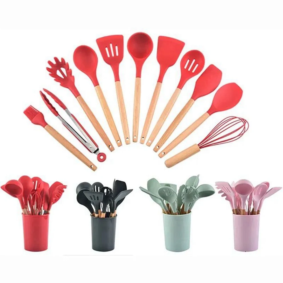 Baking Cooking Heat Resistant Wood Handle Silicone Kitchen Utensils