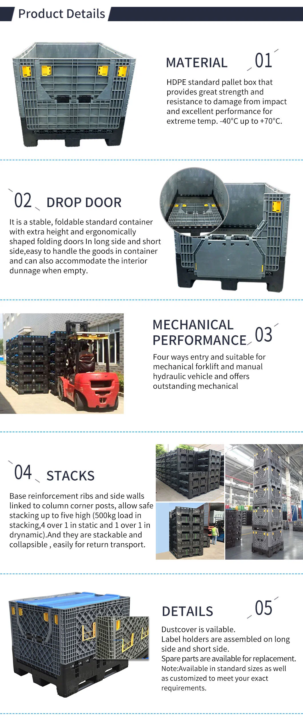 Heavy Duty HDPE Stackable Industrial Logistic Transportation Turnover Warehouse Storage Large Foldable Bulk Box Collapsed Plastic Pallet Container with Lids