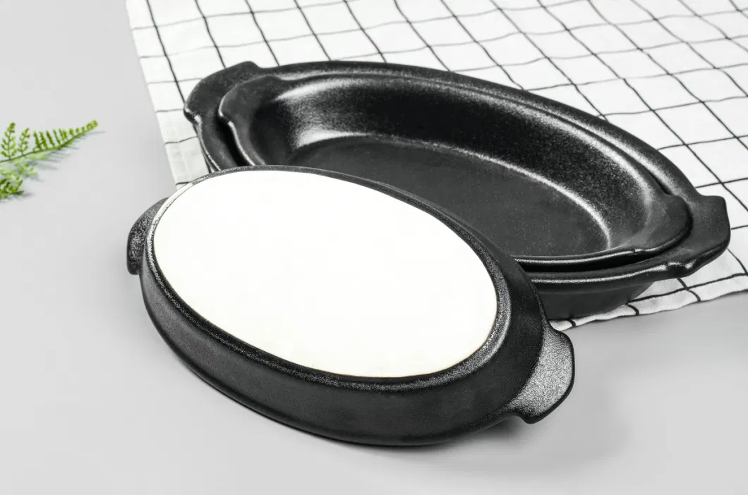 10 Inch and 9 Inch Matte Black Bakeware with Two Handle Ceramic Pie Plate Oval Bread Deep Tray Plate for Home Restaurant