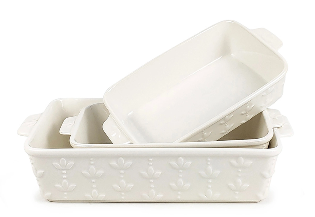 Newly Developed Solid Color Pure White Ceramic Solid Color Embossed Ceramic Bakeware