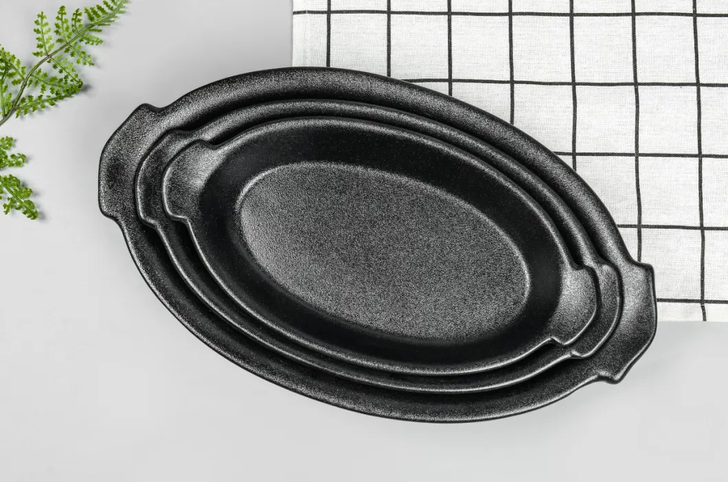 10 Inch and 9 Inch Matte Black Bakeware with Two Handle Ceramic Pie Plate Oval Bread Deep Tray Plate for Home Restaurant