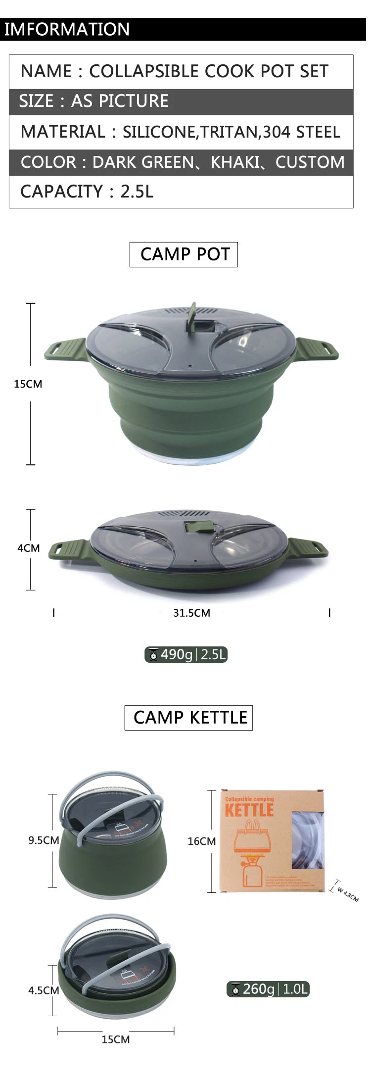 Four Piece Set Silicone Collapsible Camping Cookware Camping Pot Cookware Set for Outdoor