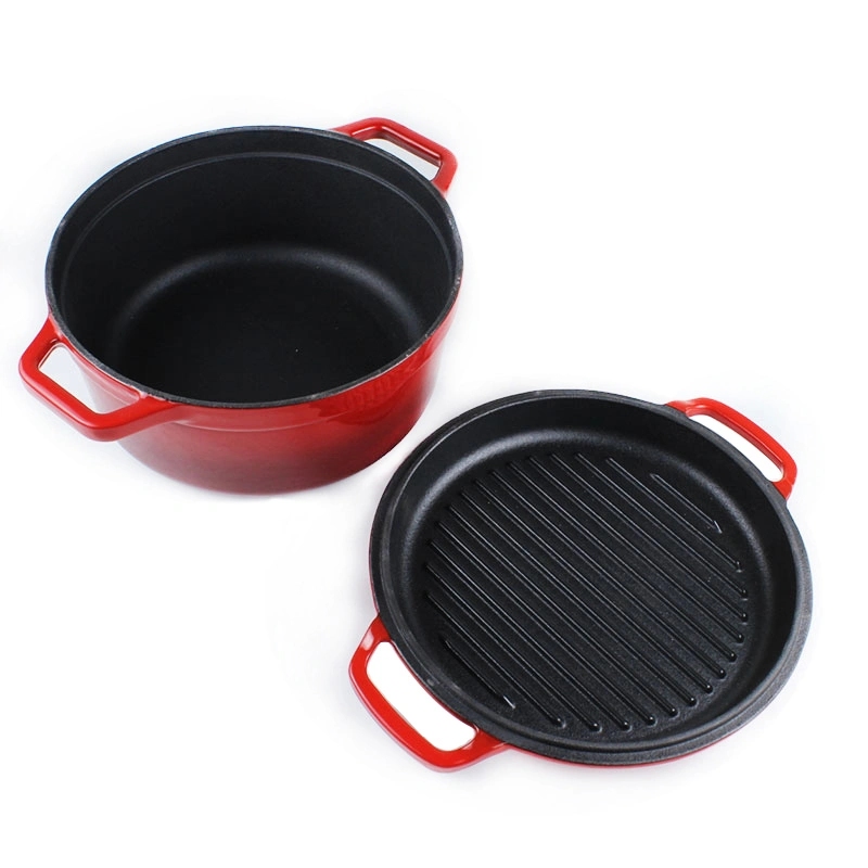 Enameled Cast Iron Combi Pot 2 in 1 Kitchen Cookware Casserole Frying Pan Skillet Set Double Cast Iron Camping Dutch Oven