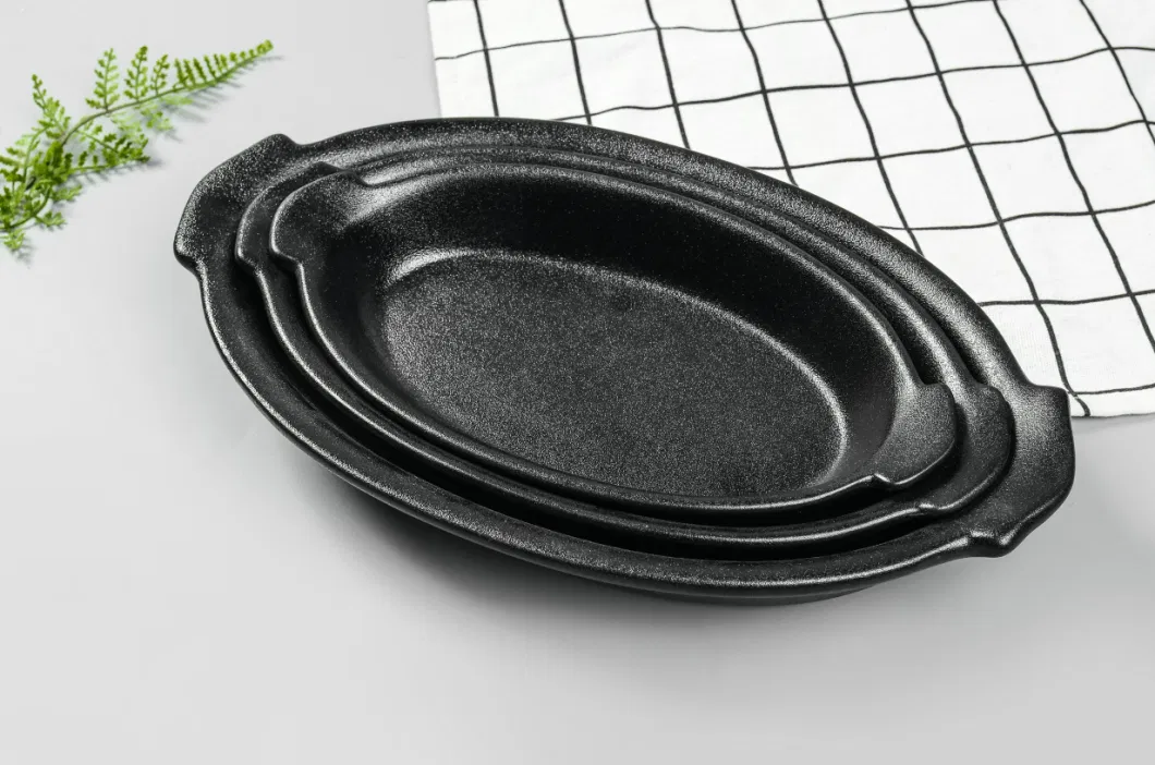 10 Inch and 9 Inch Matte Black Bakeware with Two Handle Ceramic Pie Plate Oval Bread Deep Tray Plate for Home Restaurant