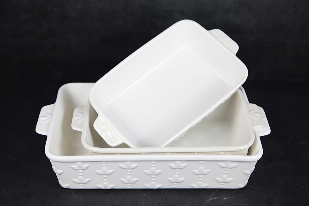 Newly Developed Solid Color Pure White Ceramic Solid Color Embossed Ceramic Bakeware