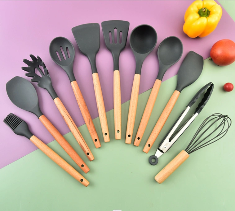 Wooden Handle Silicone Kitchen Utensils Set 12PCS Beech Wood Gifts Set for Home Cooking