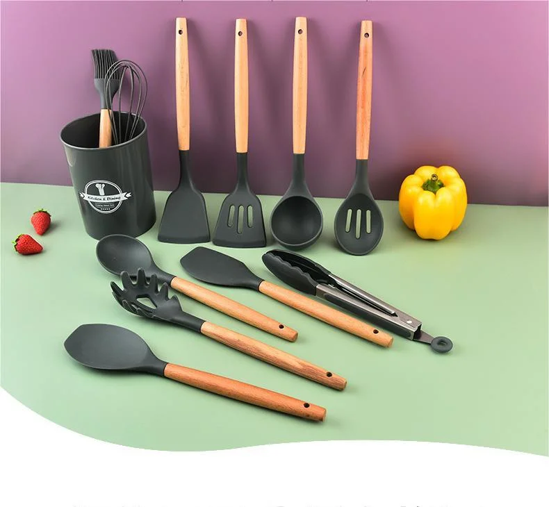 Wooden Handle Silicone Kitchen Utensils Set 12PCS Beech Wood Gifts Set for Home Cooking