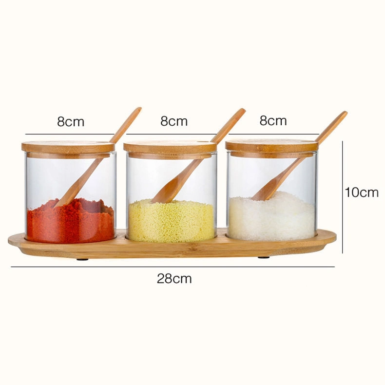 Set of 3 Glass Spice Jar with Bamboo Tray and Wood Spoon Cover Pedestal for Home Kitchen Use