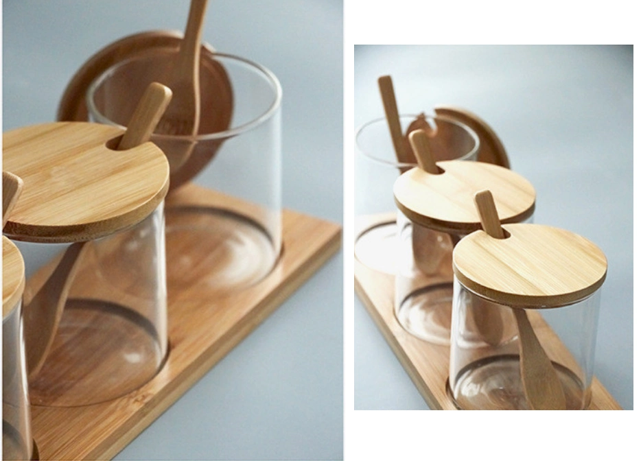 Set of 3 Glass Spice Jar with Bamboo Tray and Wood Spoon Cover Pedestal for Home Kitchen Use