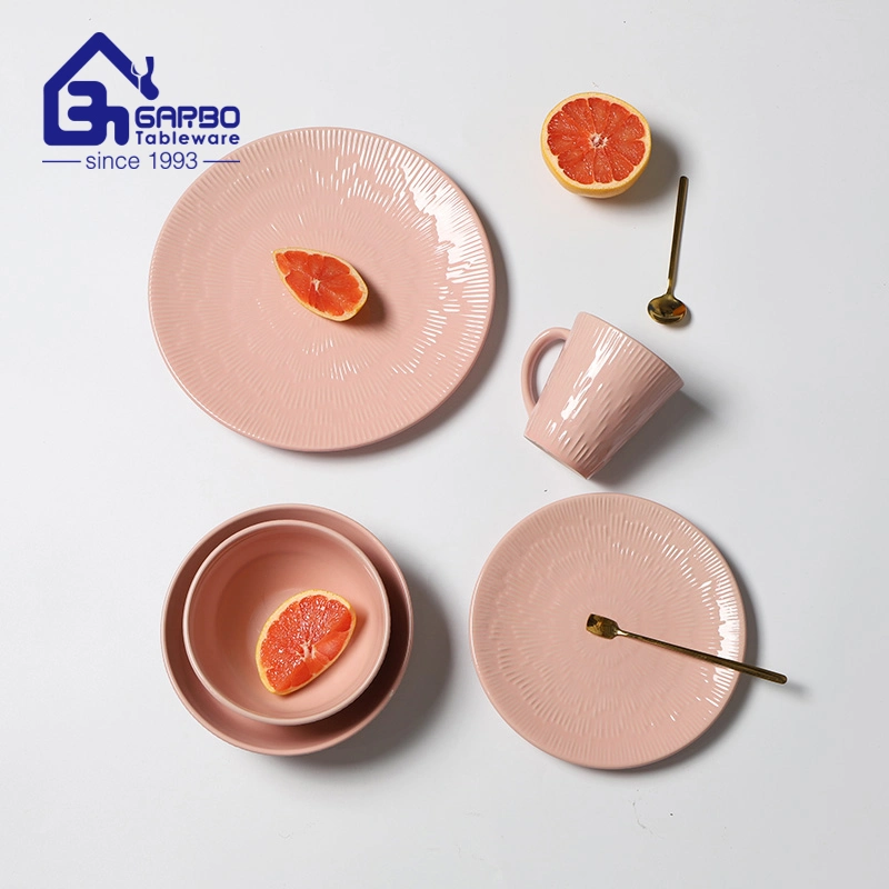 Home Kitchen Tableware 20PCS Pink Color Glazed Stoneware Dinner Set with Embossed Pattern for Daily Use