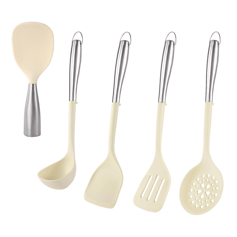 Non-Stick Heat Resistant Non Toxic 5 PCS Silicon Kitchen Accessories Utensils Set with Stainless Steel Handle