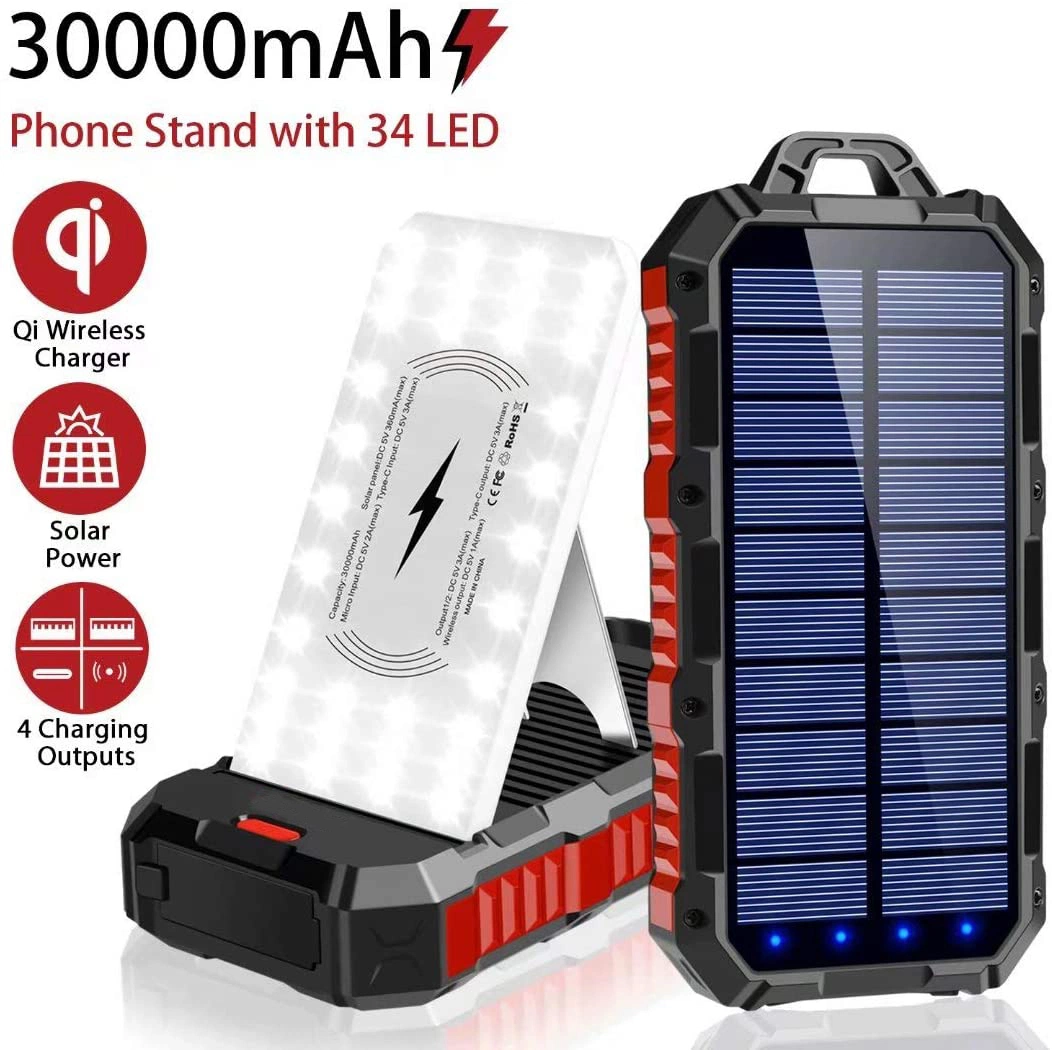 Wireless Qi Portable Mobile Cellphone 30000mAh Solar Charger Power Bank