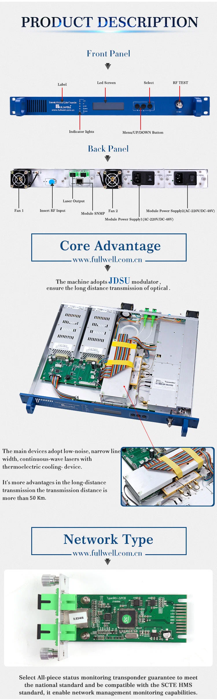 1550nm Optic Transmitter with Externally Modulation 45-1000MHz Optical Transmitter for FTTH Long Haul Transmission 7dBm Sc/APC