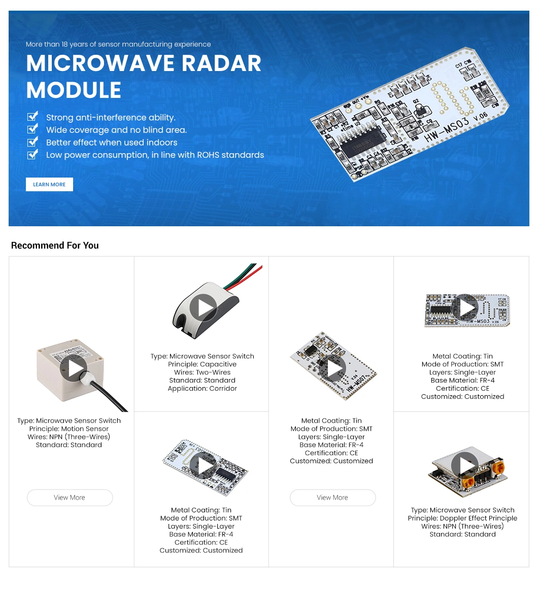 Haiwang Hw-Ms07 Microwave Heat Sensor China Suppliers Custom 2m+-20cm Sensor Distance PCB Microwave Sensor Module for Lighting Products and Other Electronics