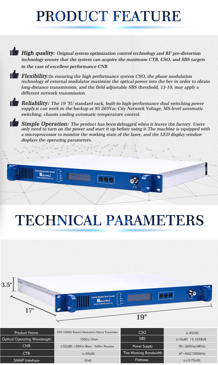 Standard Type 45-1000MHz CATV External Modulation RF to Fiber Optical 1550nm Transmitter