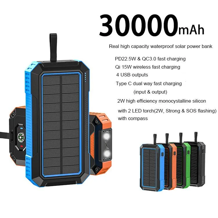 High Capacity 30000mAh Battery Charger Portable Wireless Solar Power Bank