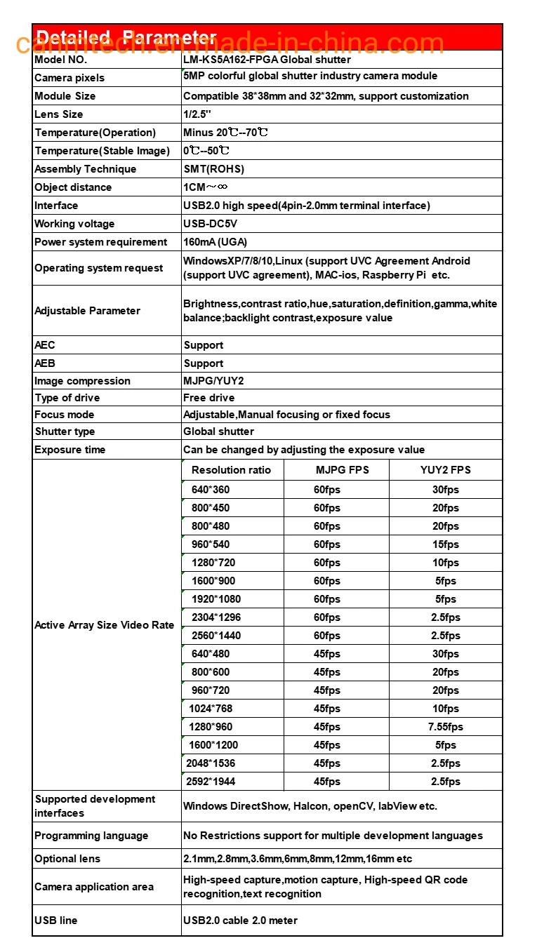 5MP Global Shutter Camera Module USB External Trigger Capture High-Speed Motion Photography&Assembly Line Detection