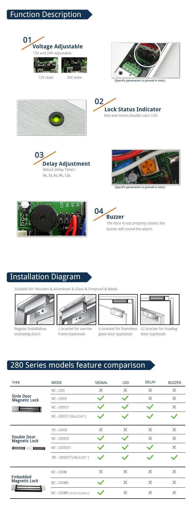 280kg 600lbs 12V Glass Door Lock System Gate Lock Electromagnetic Door Lock with Signal Buzzer Electric Magnetic Lock