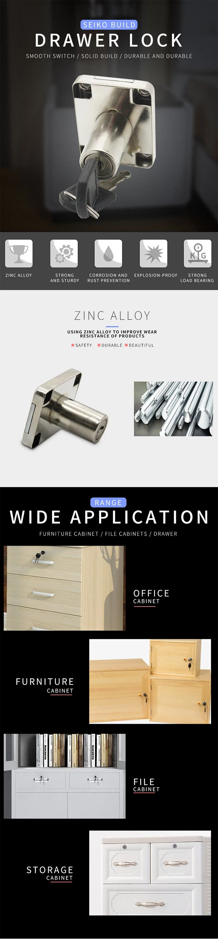 Metal Furniture Hardware Iron Drawer &amp; Cabinet Lock for Modern Furniture