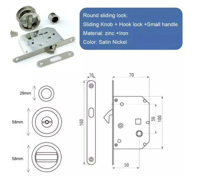 Factory Sliding Hidden Concealed Recessed Flush Invisible Round Satin Nickel Hook Latch Privacy Pocket Door Handle Lock