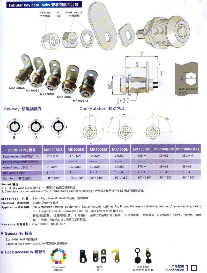 Camlock, Tubular Key Lock, Mailbox Lock, Furniture Lock