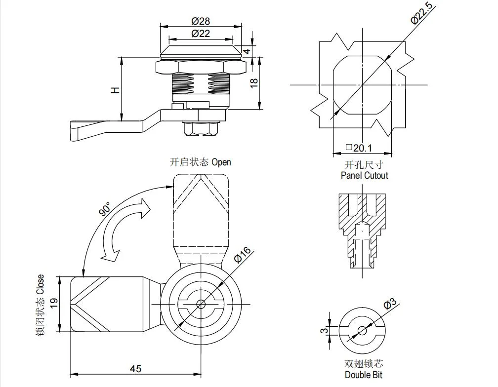 Safe Stainless Steel Elevator Lock Power Distribution Cabinet Door Double Bit Cam Locks